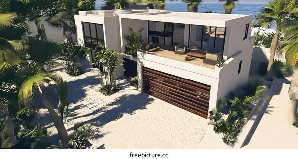 Modern Tropical Villa With Palm Trees And Ocean View