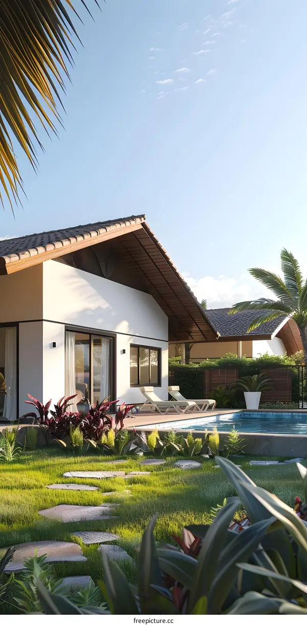 Tropical Villa with Pool and Palm Trees