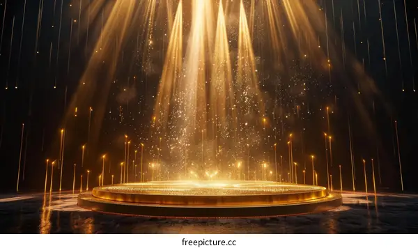 Golden stage with spotlights and glowing particles