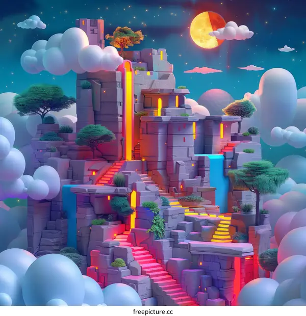 Surreal Fantasy Landscape with Floating Island and Glowing Trees