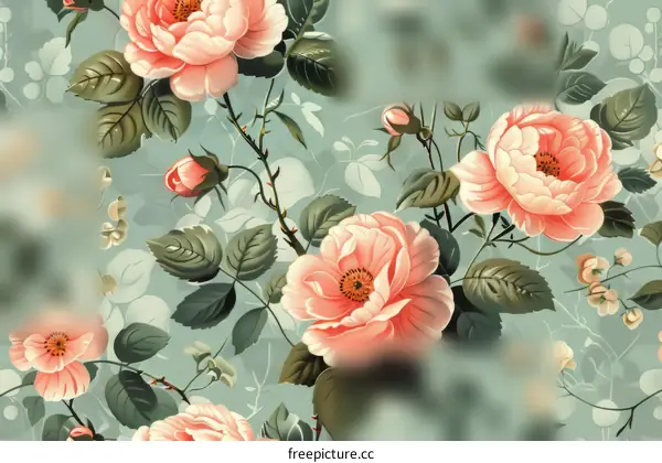 Pink roses and green leaves seamless pattern