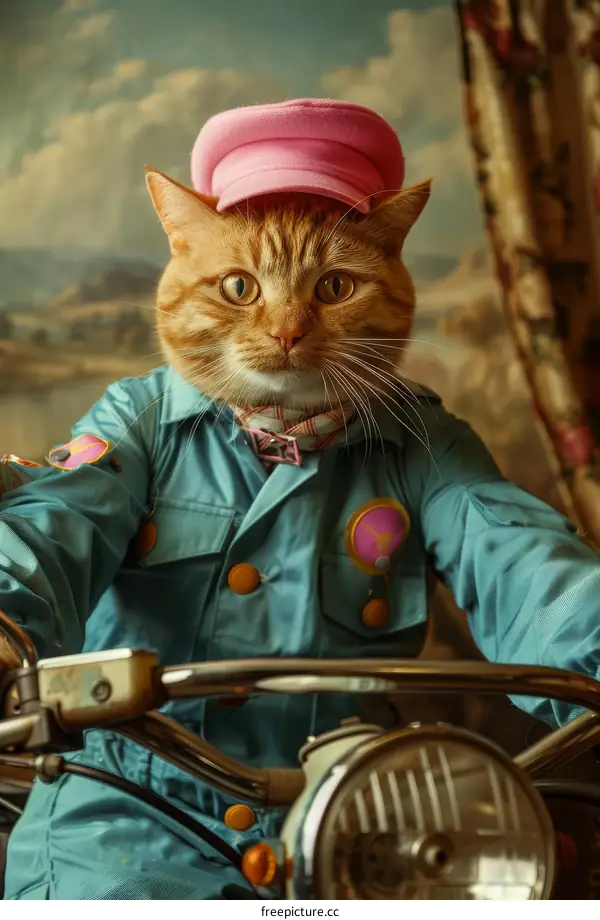 Cat in a suit and hat on a motorcycle