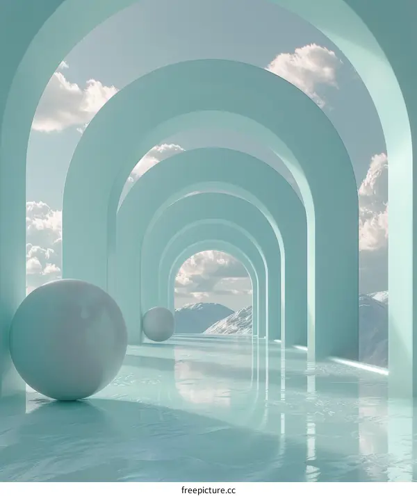 Futuristic blue arched hallway with large spheres