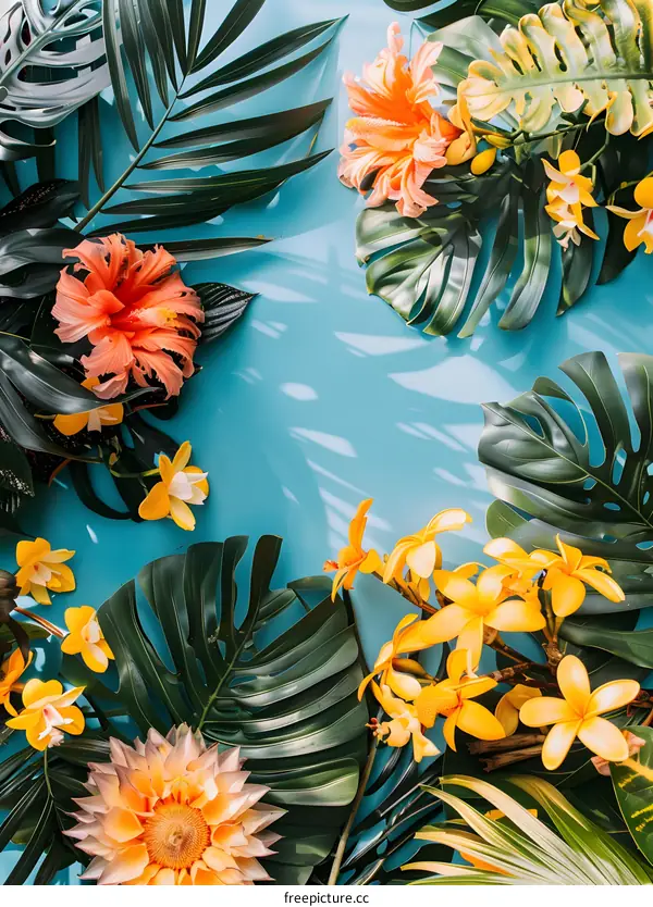 Tropical Flowers and Leaves on Blue Background
