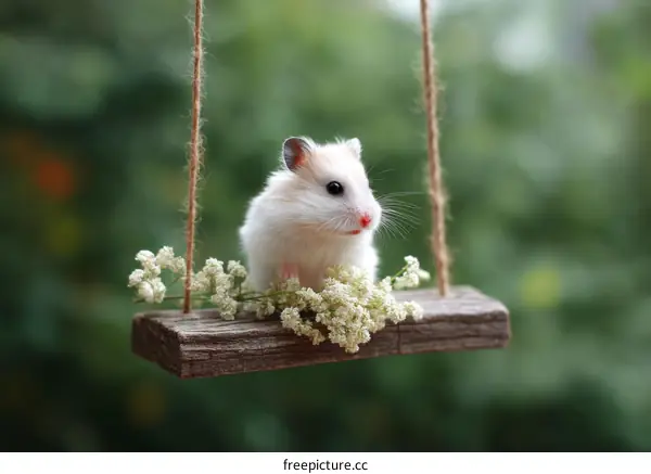 Cute Hamster on a Little Wooden Swing with Flowers