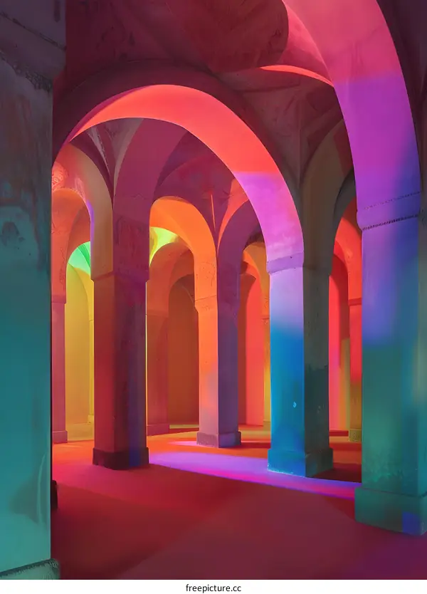 Colorful Light Through Arches In Old Building