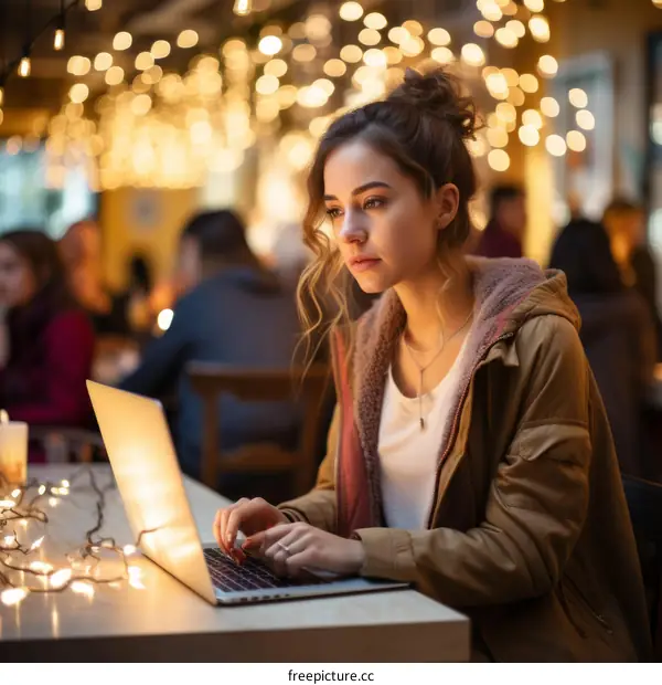 Young woman using laptop in cafe