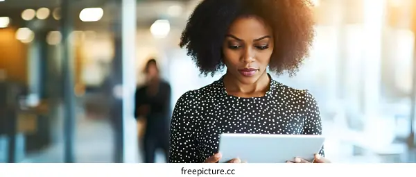African American Businesswoman Using Tablet In Modern Office