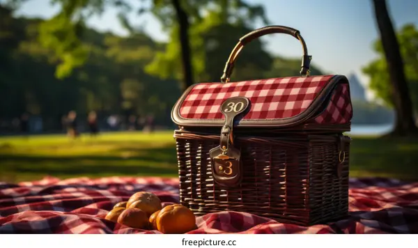 Red and White Checkered Picnic Basket with Oranges