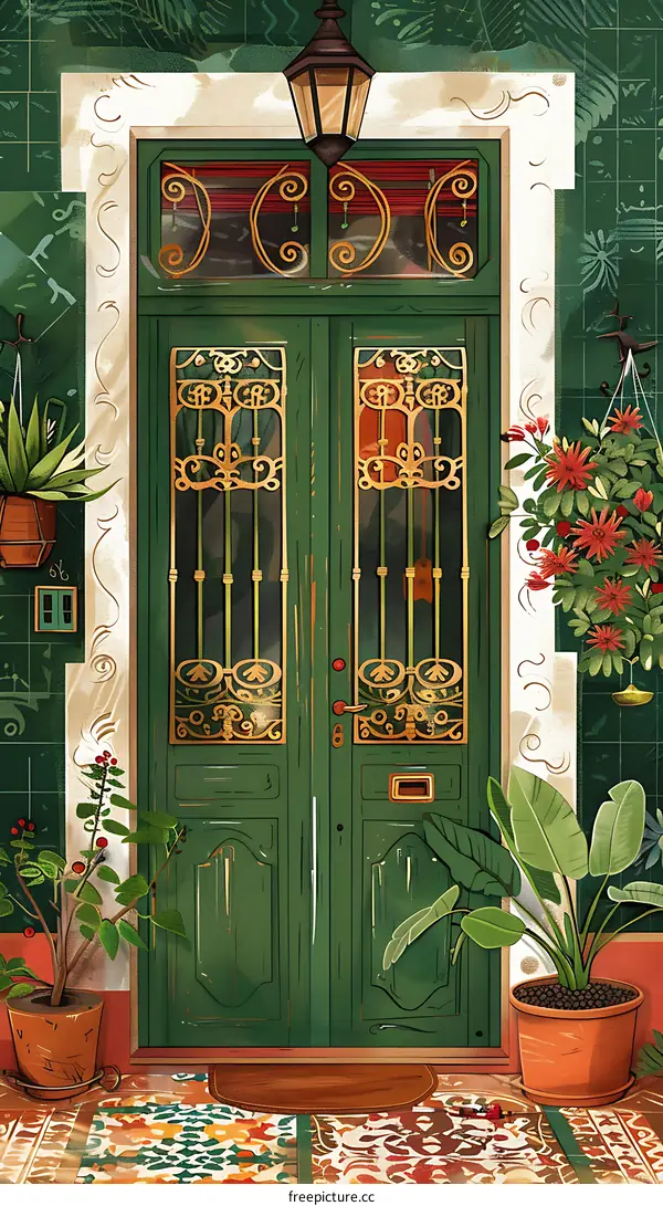 Green Door with Ornamental Ironwork and Plants