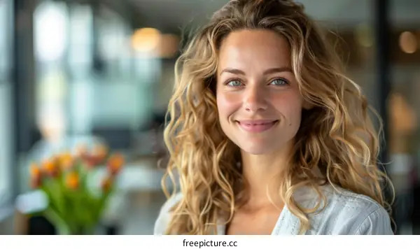 portrait of a beautiful young woman with curly blond hair smiling at the camera