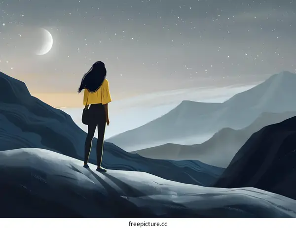 Woman Standing on Mountaintop under a Starry Sky