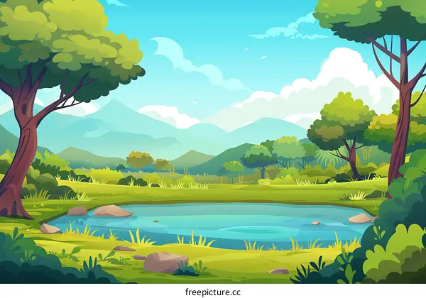 Green Landscape With A Pond And Mountains