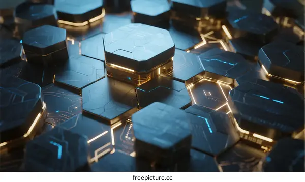 Hexagonal Pattern with Glowing Blue Lines in Dark Background