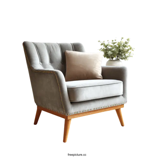 [Transparent Background PNG]Modern Grey Velvet Armchair with Wooden Legs