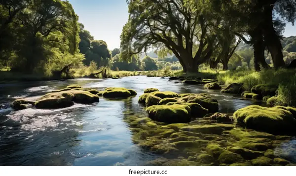 A river flowing through a lush green forest