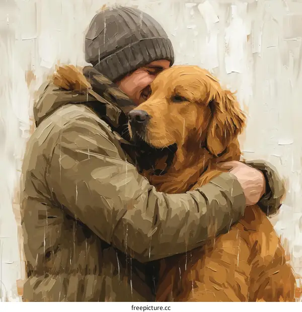 A man and his golden retriever dog are hugging in the rain.