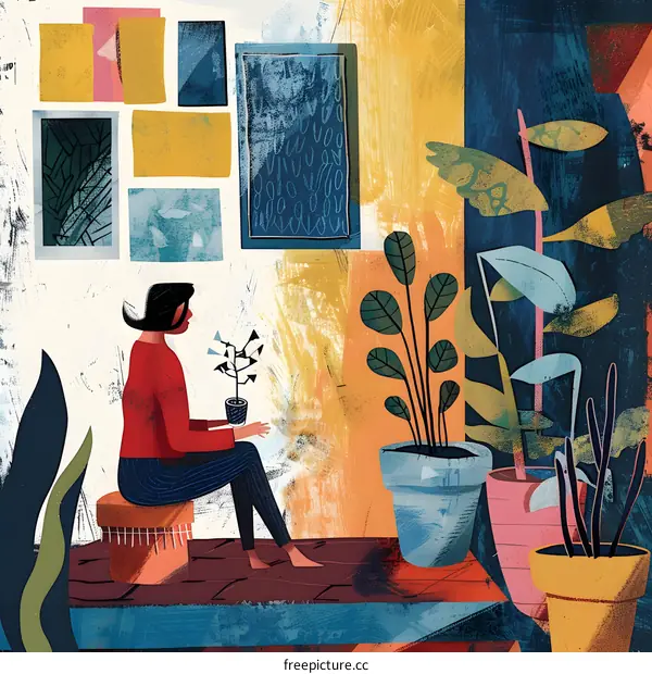Woman Sitting in a Room with Plants and Colorful Walls