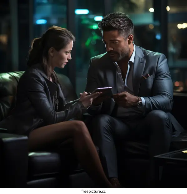 Hispanic man and woman sitting on couch looking at tablet