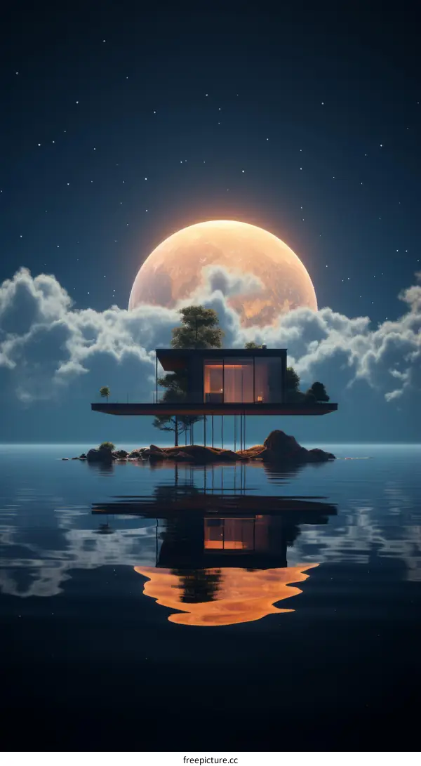 futuristic house above water with large moon in background