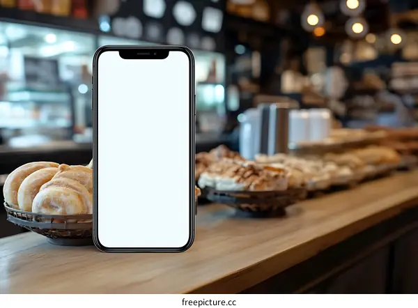 White Screen Smartphone Mockup on Wooden Countertop in Bakery