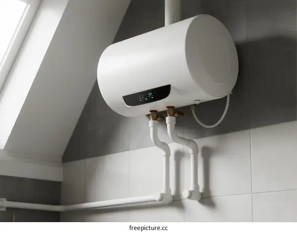 Electric Water Heater Installed on White Tile Wall in Bathroom