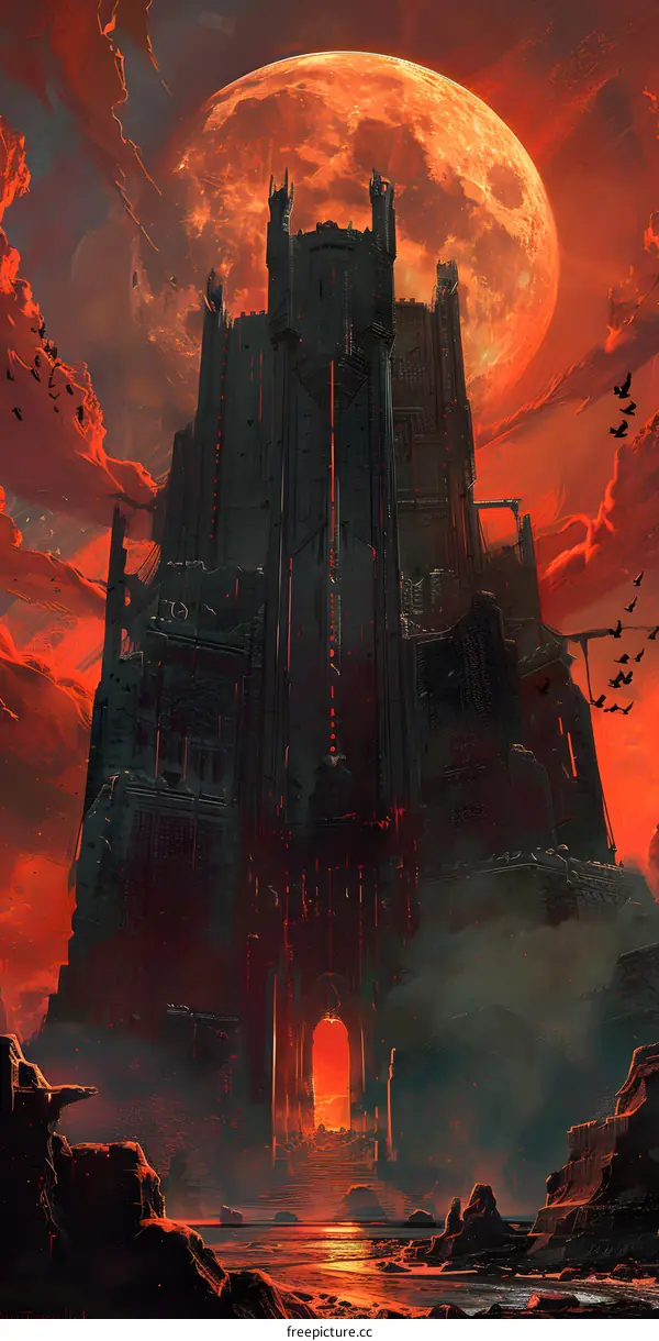 A dark and gloomy castle with a large red moon in the background