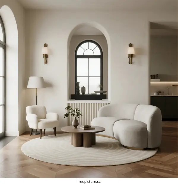 Minimalist Living Room with Arched Window and Round Rug