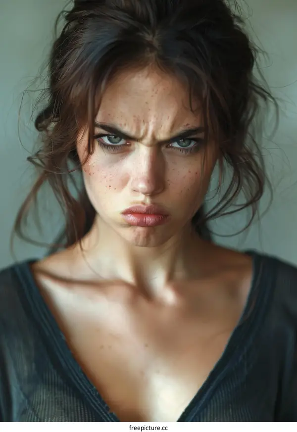 Closeup Portrait of a Woman with an Angry Expression
