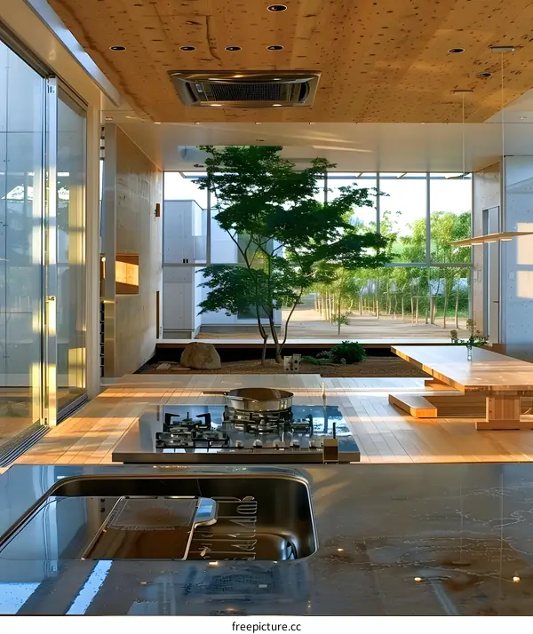 Modern Kitchen Interior Design with Minimalist Style and Large Windows Offering a View of a Japanese Garden