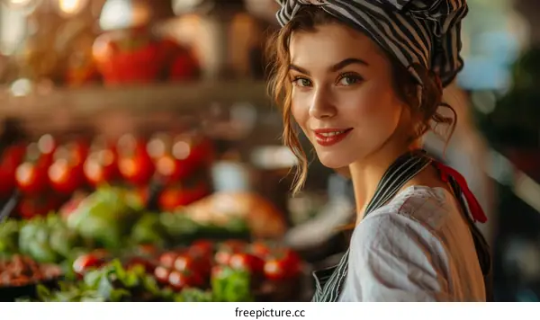 Portrait of a beautiful young woman wearing a headscarf in a market