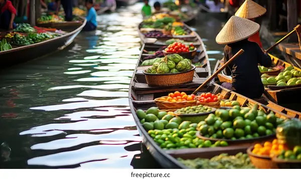 A bustling market with boats full of fresh produce