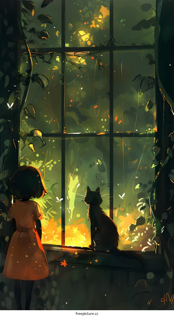Girl and Cat Looking Out Window at a Lush Forest Scene