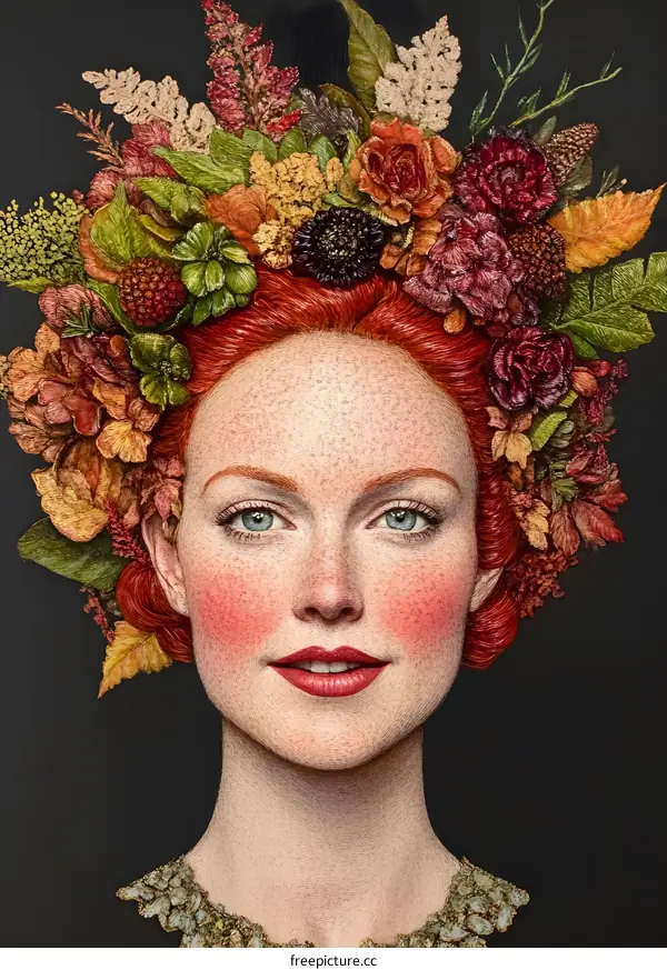 Embroidered Portrait of a Woman with a Floral Crown