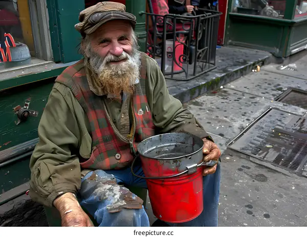 Elderly Man with Beard Holding a Bucket on the Street