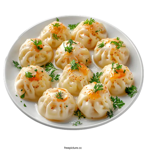 [Transparent Background PNG]dumplings with greens on a white plate