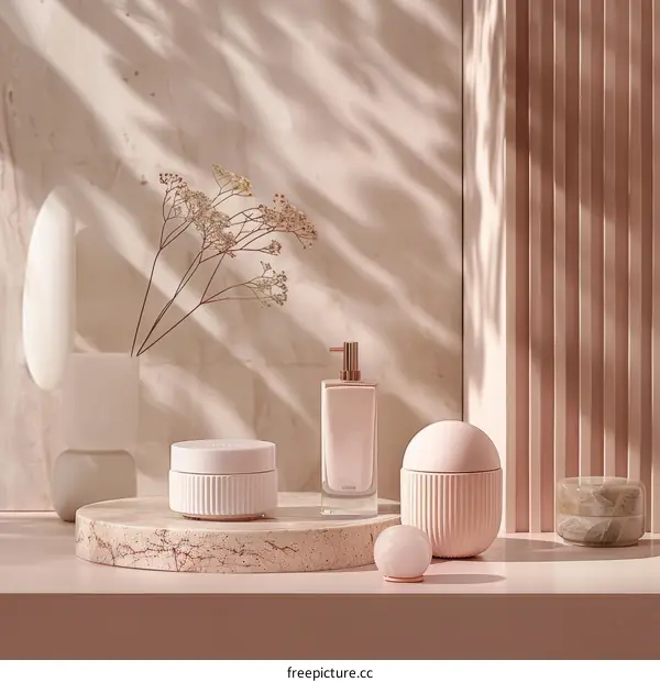 Showcase of Ceramic Vases and Dried Flowers in Beige and Pink