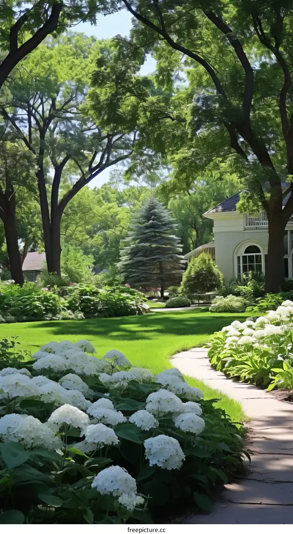 A beautiful garden with a white house
