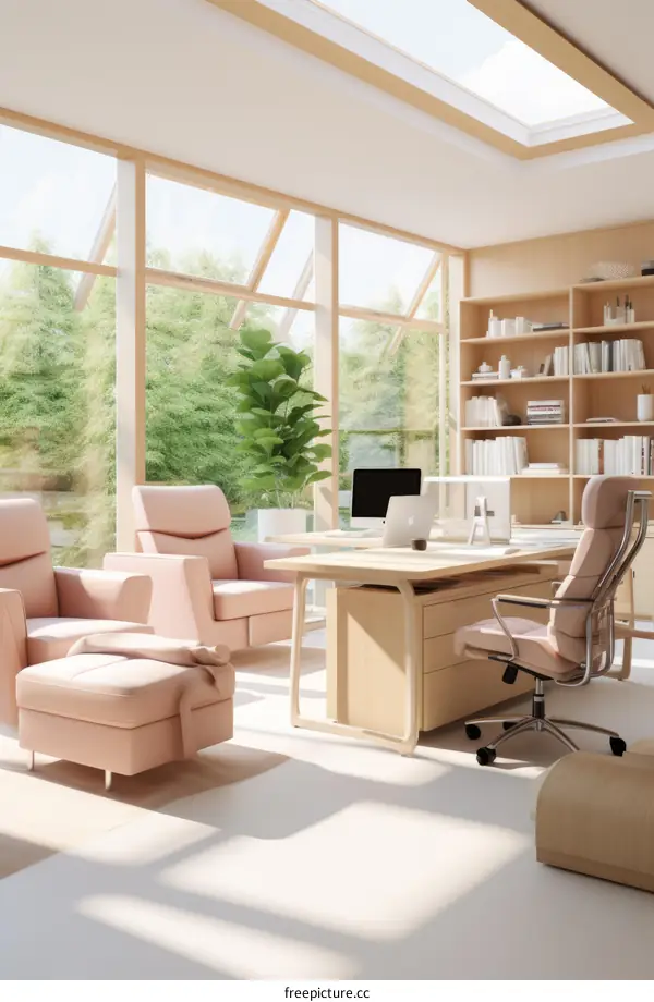 A home office with a large window and a pink armchair