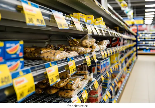 Grocery Store Shelves with Bread and Cookies