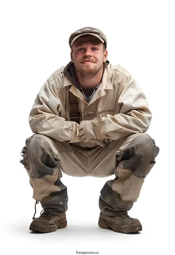 Man in Dirty Overalls Crouching