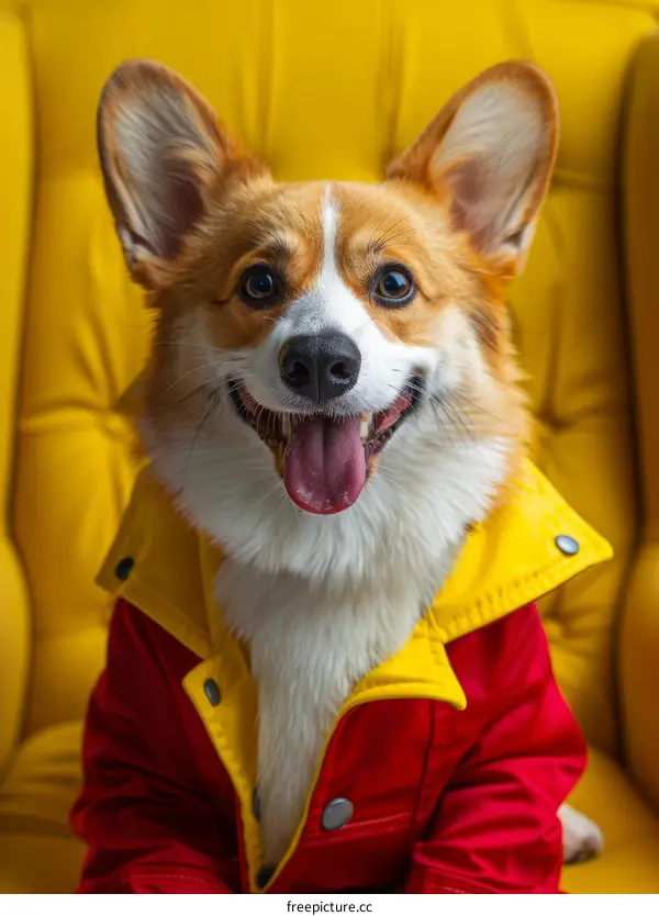 A happy corgi dog wearing a red and yellow jacket