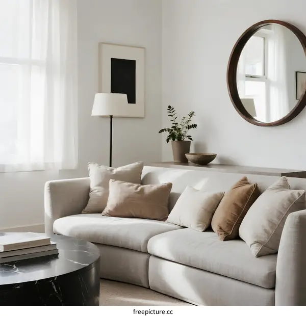 Modern Living Room with Soft Sofa and Round Mirror