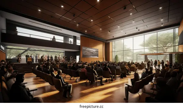 A large group of people are sitting in a conference room listening to a presentation