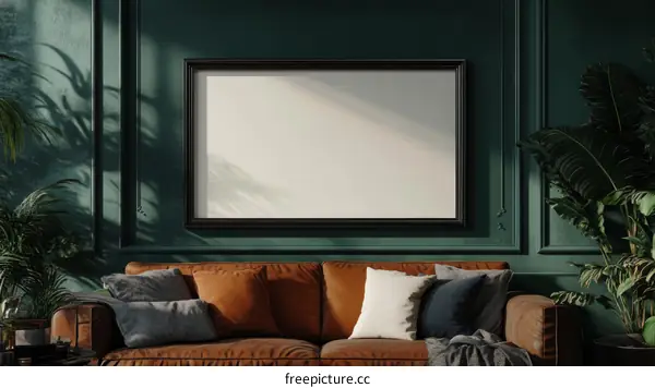 Empty Poster Frame in a Dark Green Room with a Leather Sofa