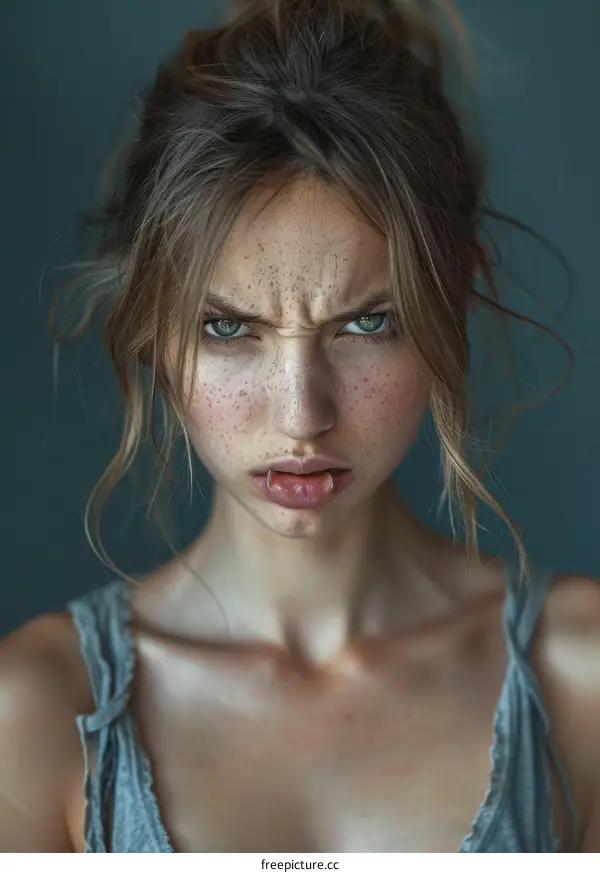 Close-up Portrait of a Caucasian Woman with an Intense Expression