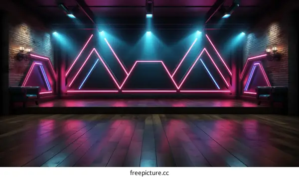 An illustration of a nightclub stage with a brick wall background and geometric neon lighting.