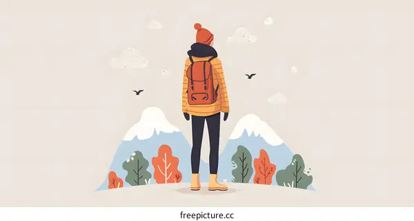 Backpacker Standing on Mountain Peak with Snow Covered Mountains and Birds Flying in the Sky