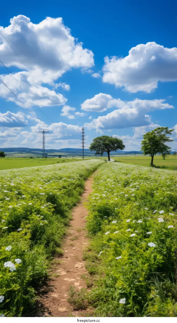 Idyllic Countryside Dirt Road through Field of Blooming White Flowers