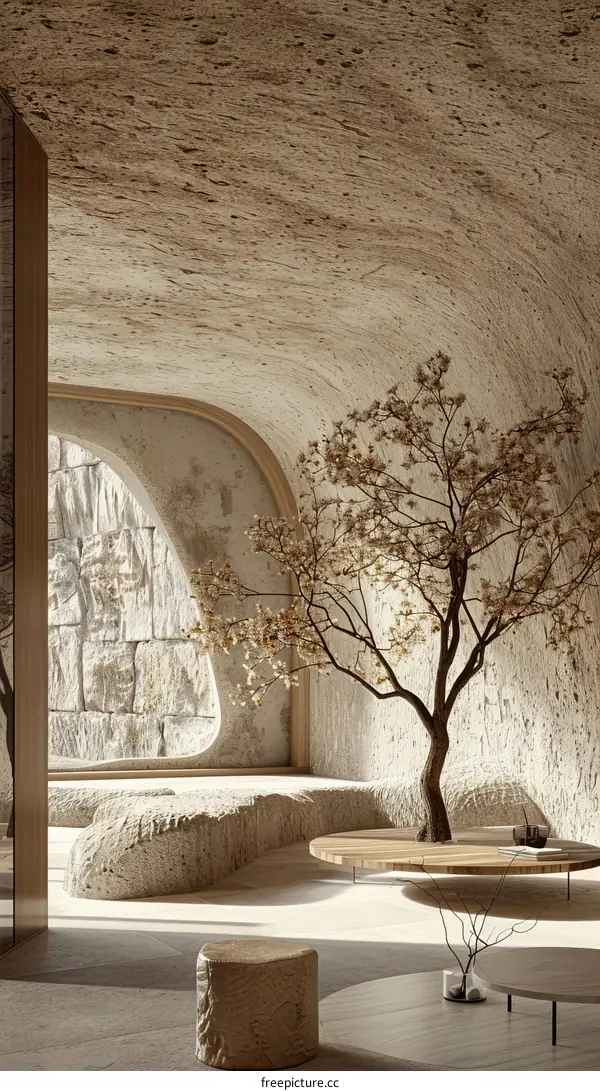 Artistic representation of a cave-like room with a tree